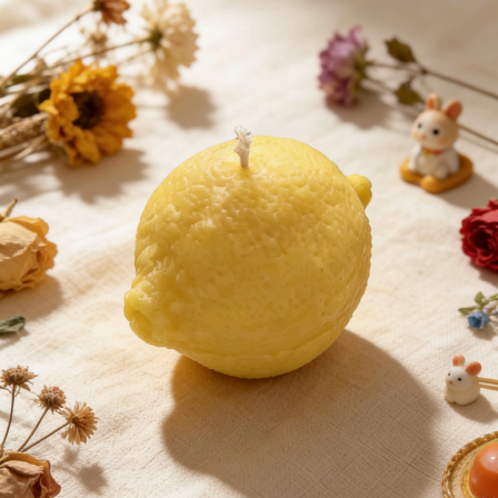 Lemon-shaped candle styled in a whimsical table setting with dried flowers and cute figurines