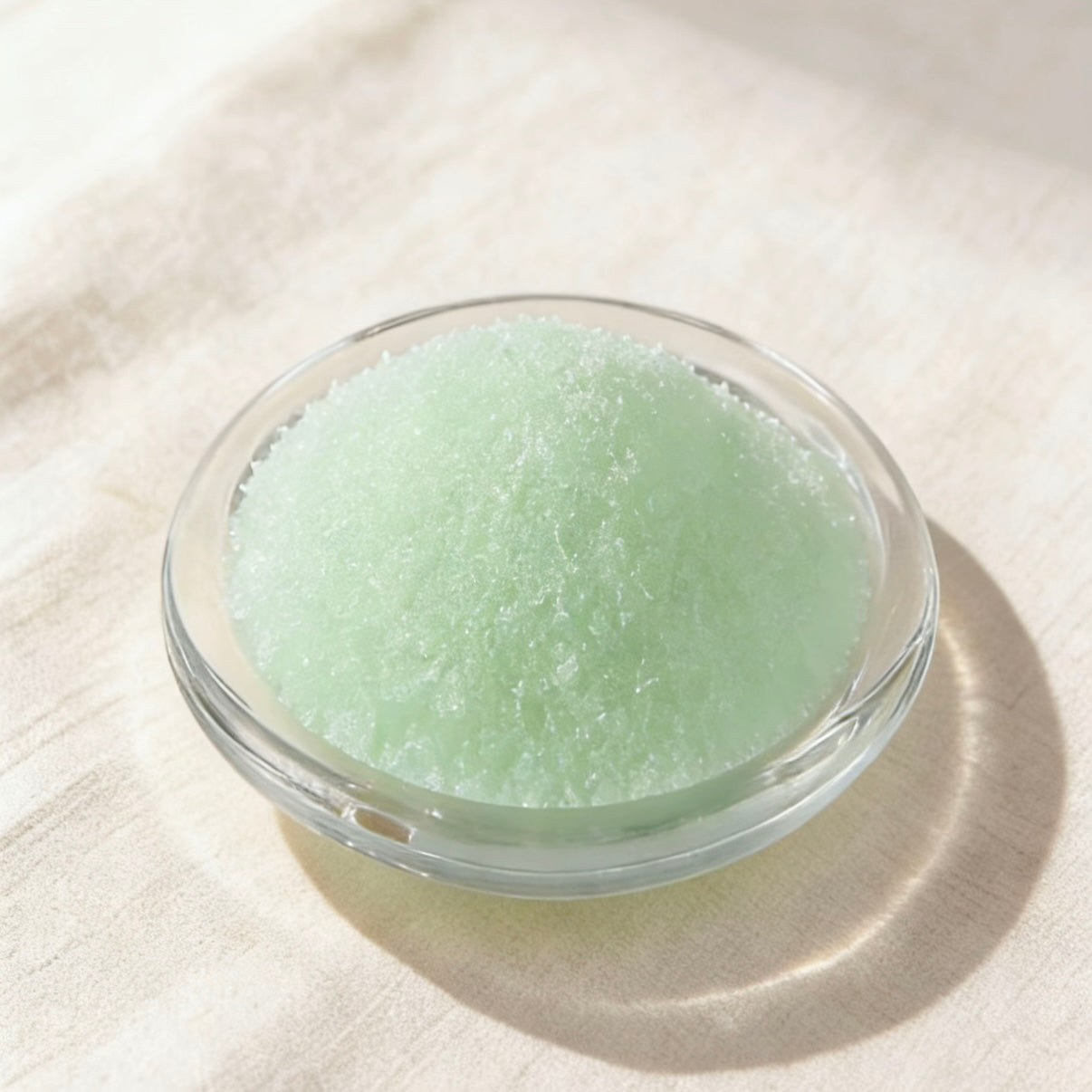 Light green candle wax granules in a clear glass bowl on a neutral linen background
