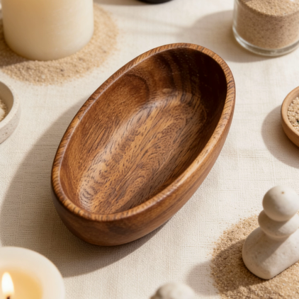 Oval-shaped wooden bowl surrounded by lit candles, sand-filled bowls, and minimalist home decor, creating a cozy and serene ambiance