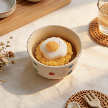 Ramen-shaped candle styled in a cozy table setting with dried flowers and utensils