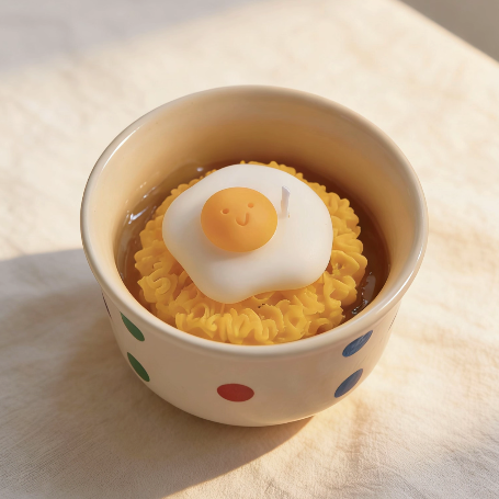 Ramen noodle-shaped candle with a smiling fried egg topping in a polka dot cup