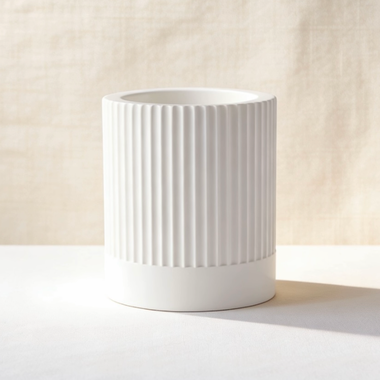 White ribbed vertical stripe ceramic candle jar