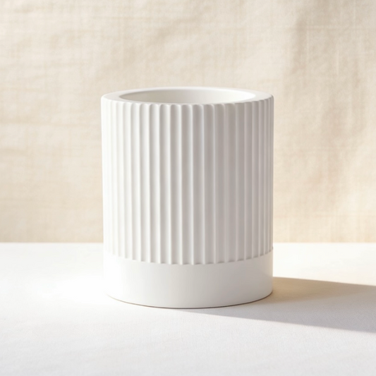 White ribbed vertical stripe ceramic candle jar