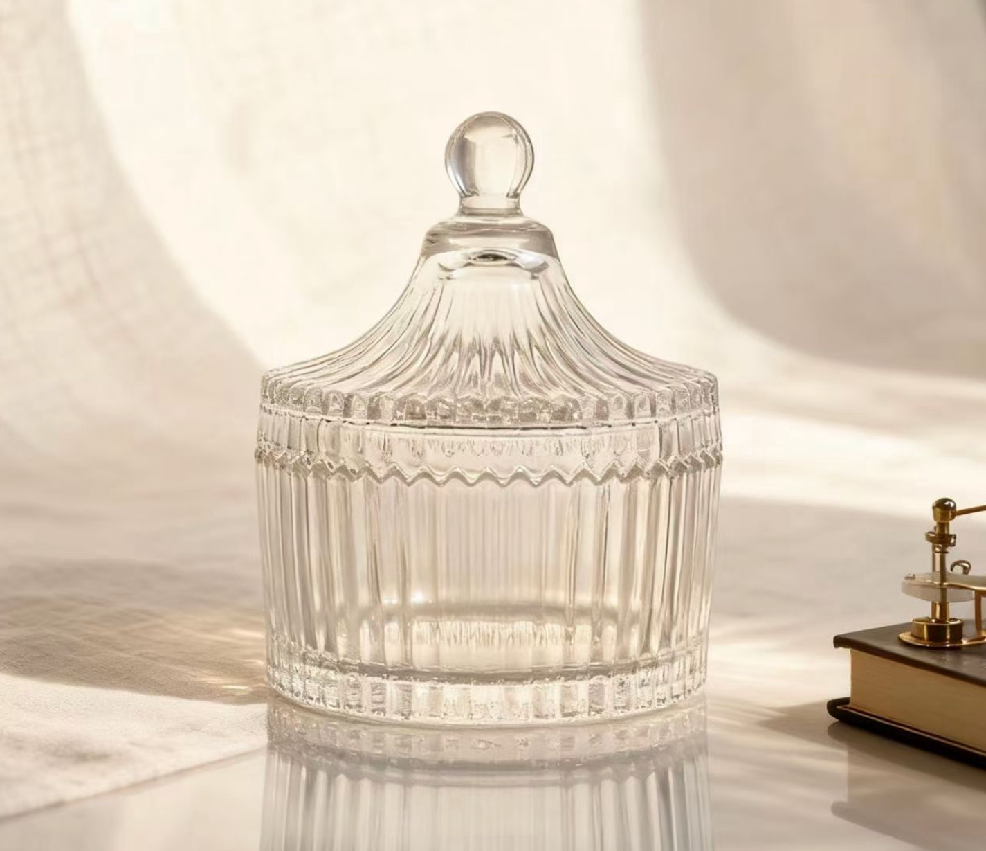 Ribbed Glass Jar with Lid Candle Container & Storage