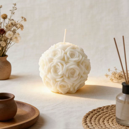 Rose ball candle styled with dried flowers and reed diffuser