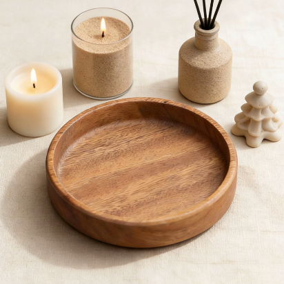 Round wooden bowl surrounded by lit candles, reed diffuser, and minimalist home decor, creating a cozy and serene ambiance