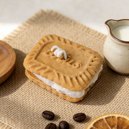 Realistic sandwich cookie-shaped candle with golden-brown embossed cookie layers and white cream filling, styled in a cozy table setting with a wooden dish, ceramic milk jug, coffee beans, and a dried orange slice on a burlap mat