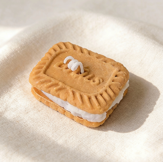Realistic sandwich cookie-shaped candle with golden-brown embossed cookie layers and white cream filling, featuring a cotton wick, displayed on a neutral background.