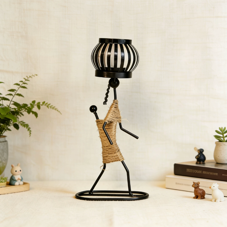 Standing candle holder with dried plants and small decor items