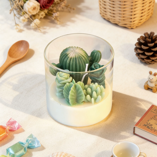 Decorative terrarium candle with green cactus and succulent wax sculptures in a clear glass jar, styled in a cozy table setting with a wooden spoon, pinecone, dried flowers, and small decor items
