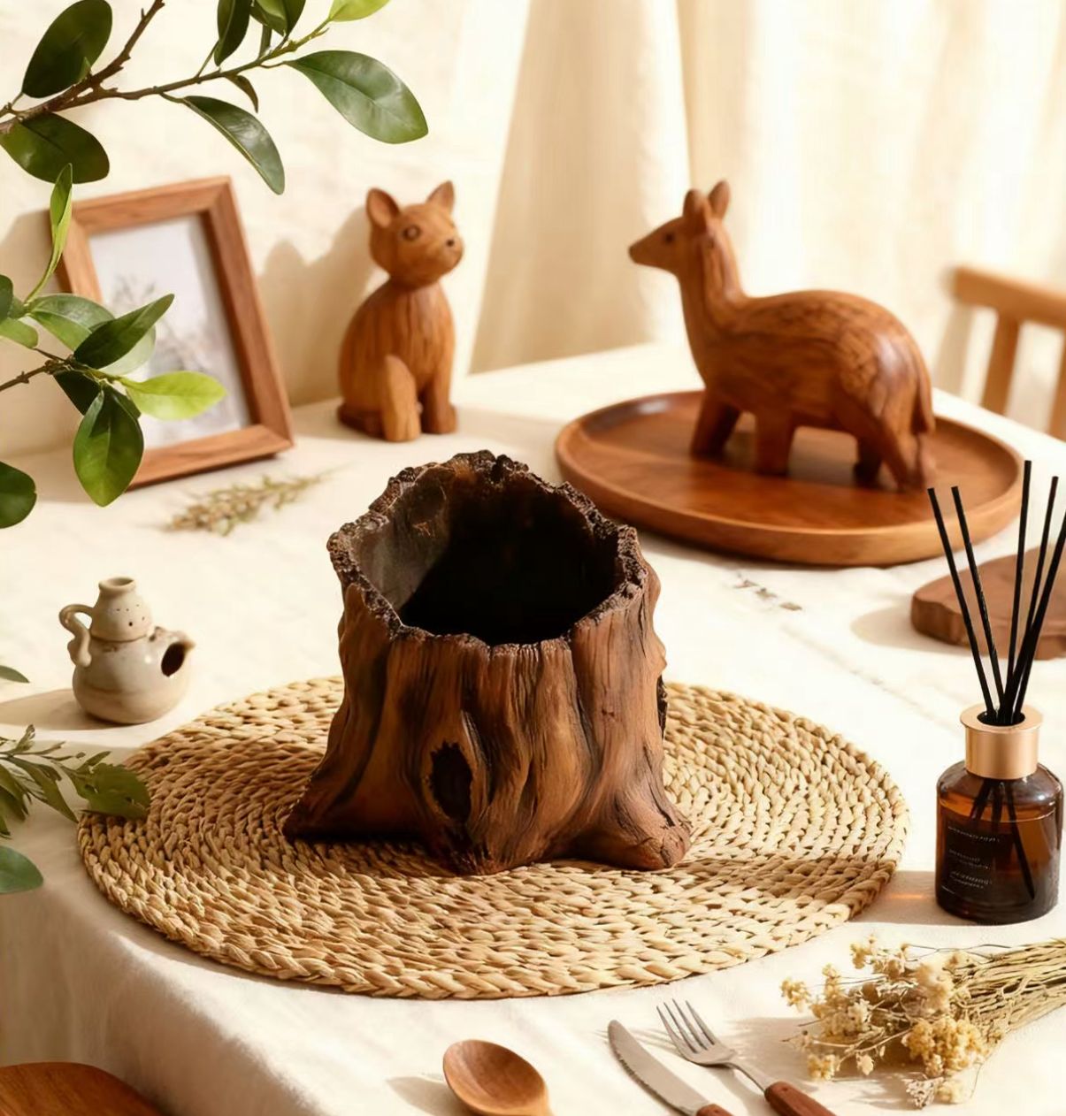 Tree Stump Ceramic Candle Holder Rustic Decor