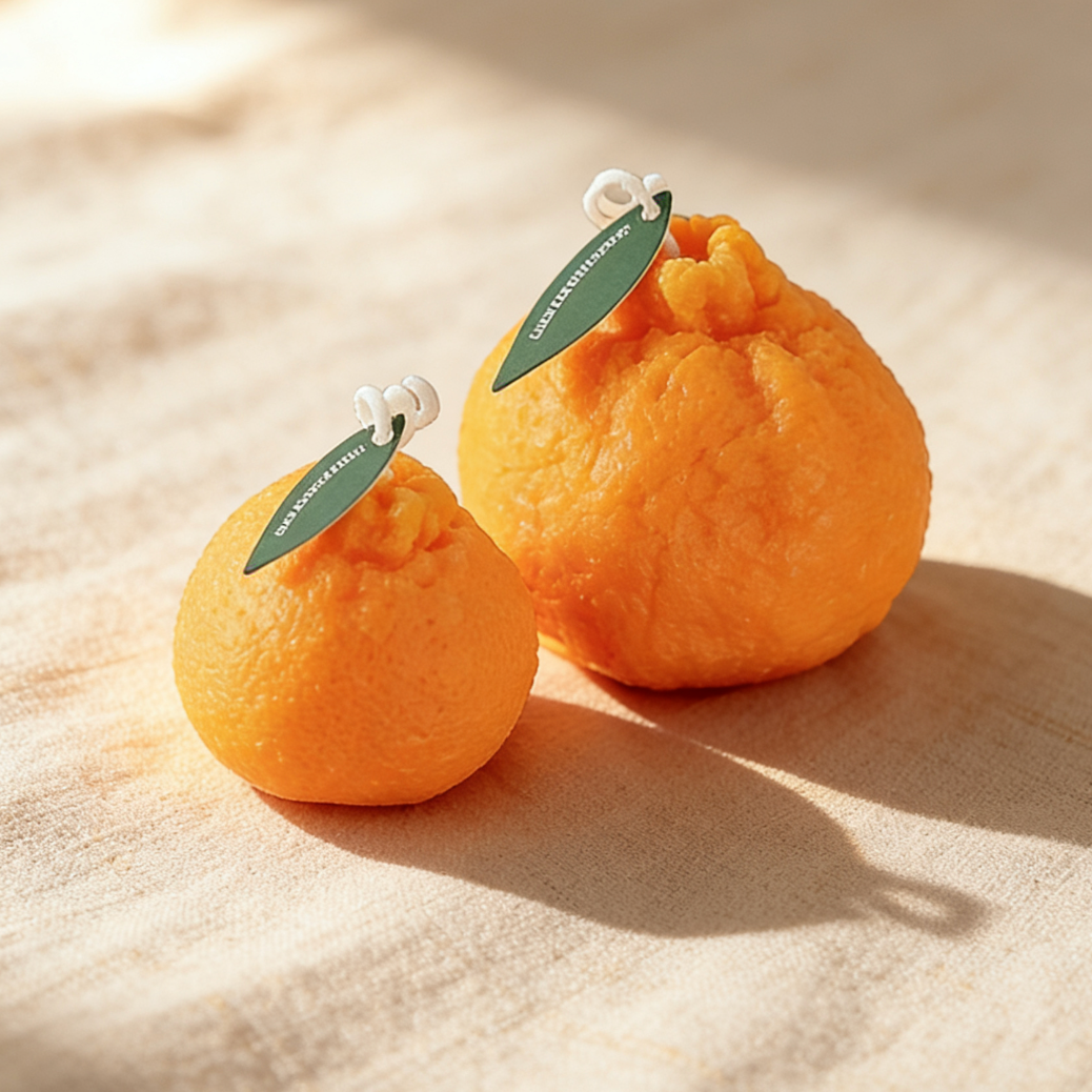 Two sizes of realistic orange fruit shaped candles