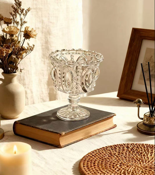 Vintage Clear Glass Candle Holder with Embossed Pattern