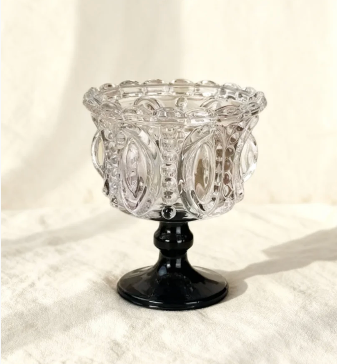 Vintage Embossed Glass Candle Holder with Black Base