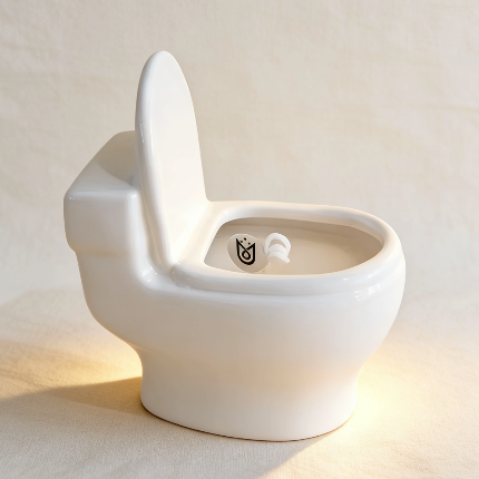White toilet-shaped novelty candle with an open lid