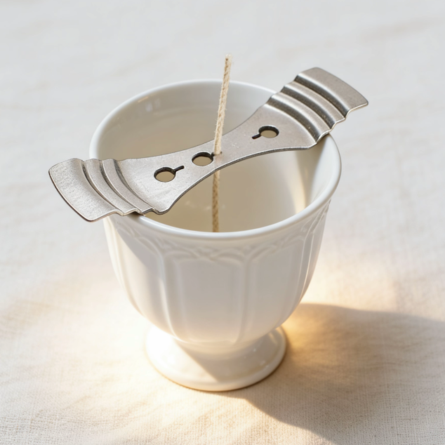 Candle wick holder placed in ceramic cup for candle making

