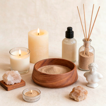 Wide-rimmed wooden bowl surrounded by lit candles, reed diffuser, spray bottle, crystal stones, and minimalist home decor, creating a cozy and serene ambiance