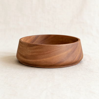 Wide-rimmed wooden bowl with natural wood grain, ideal for holding candles, potpourri, or small decor items as a minimalist home accent