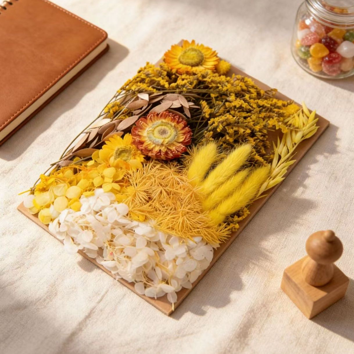 Yellow Preserved Flower Set Flat Lay for Crafting